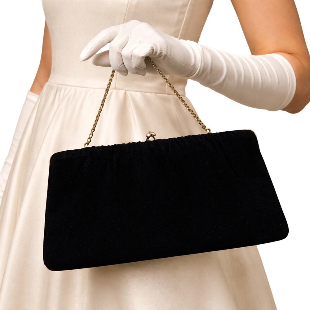Vintage 60s Black Crepe Clutch Purse Chain Strap Frame Bag